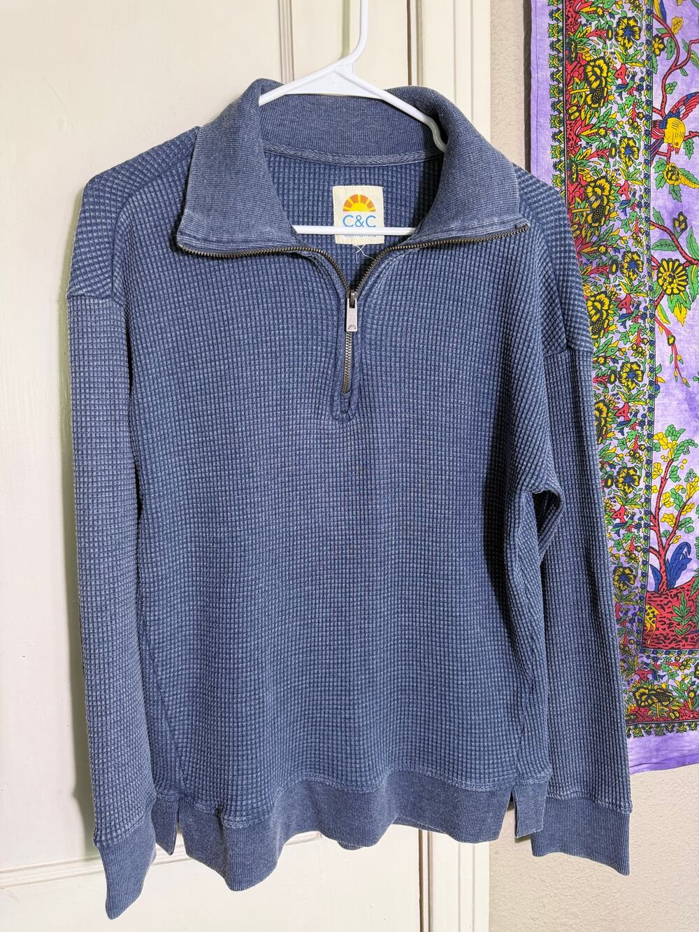 C&C California Blue Waffle Knit Quarter Zip Pullover Sweatshirt - Large